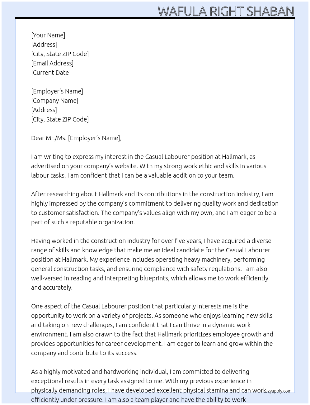 CASUAL LABOURER At hallmark Cover Letter