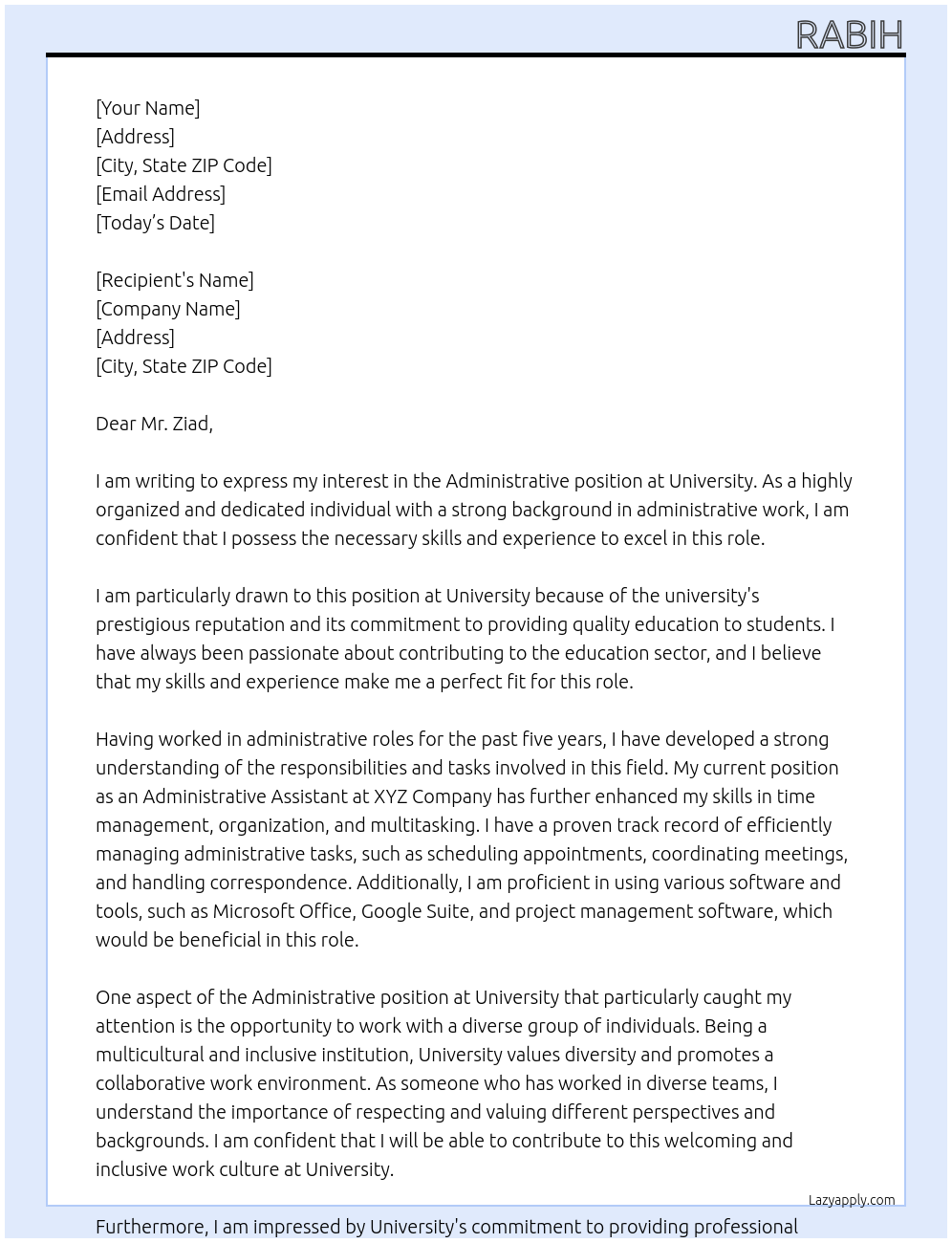Administrative  At University  Cover Letter
