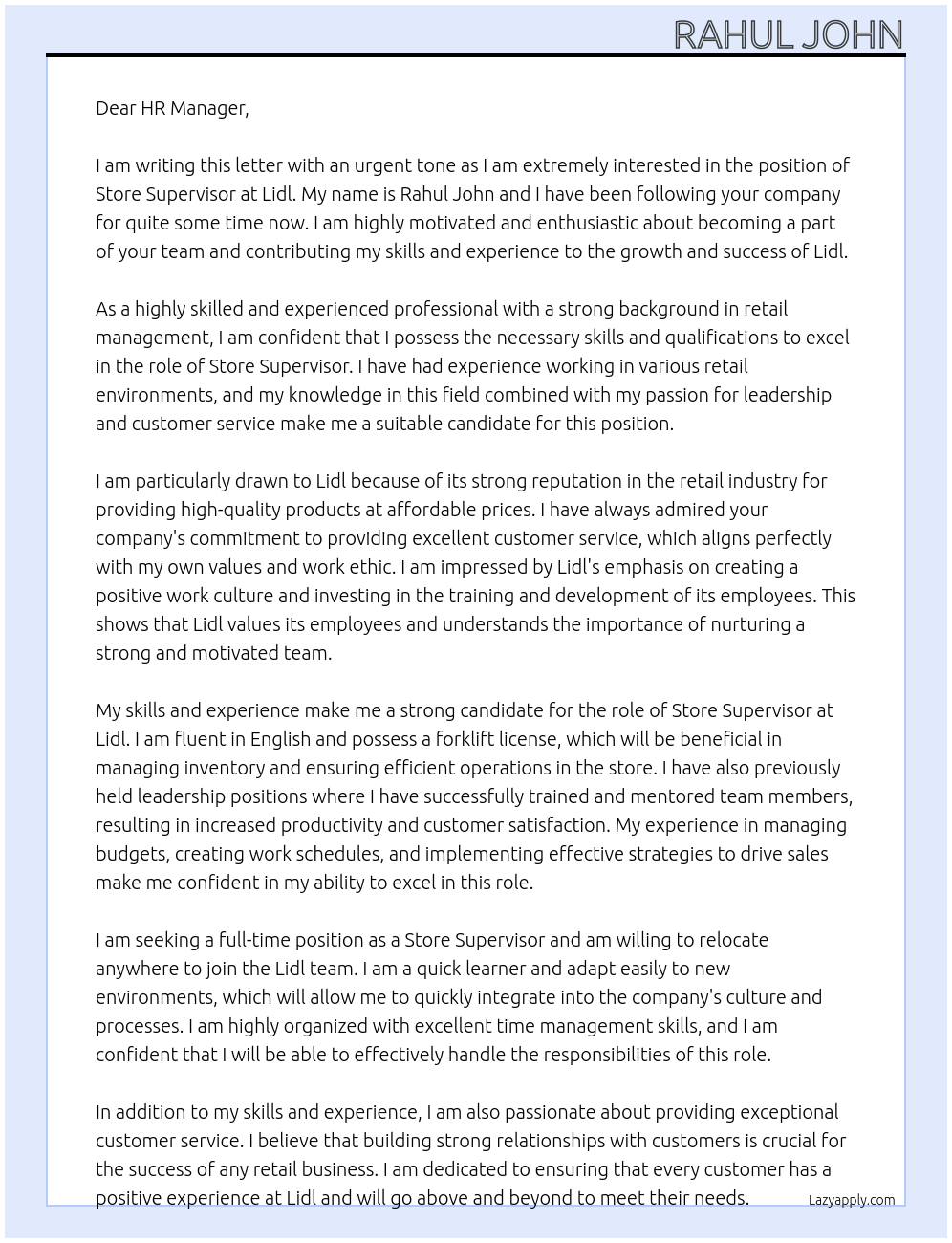 Store supervisor At Lidl Cover Letter
