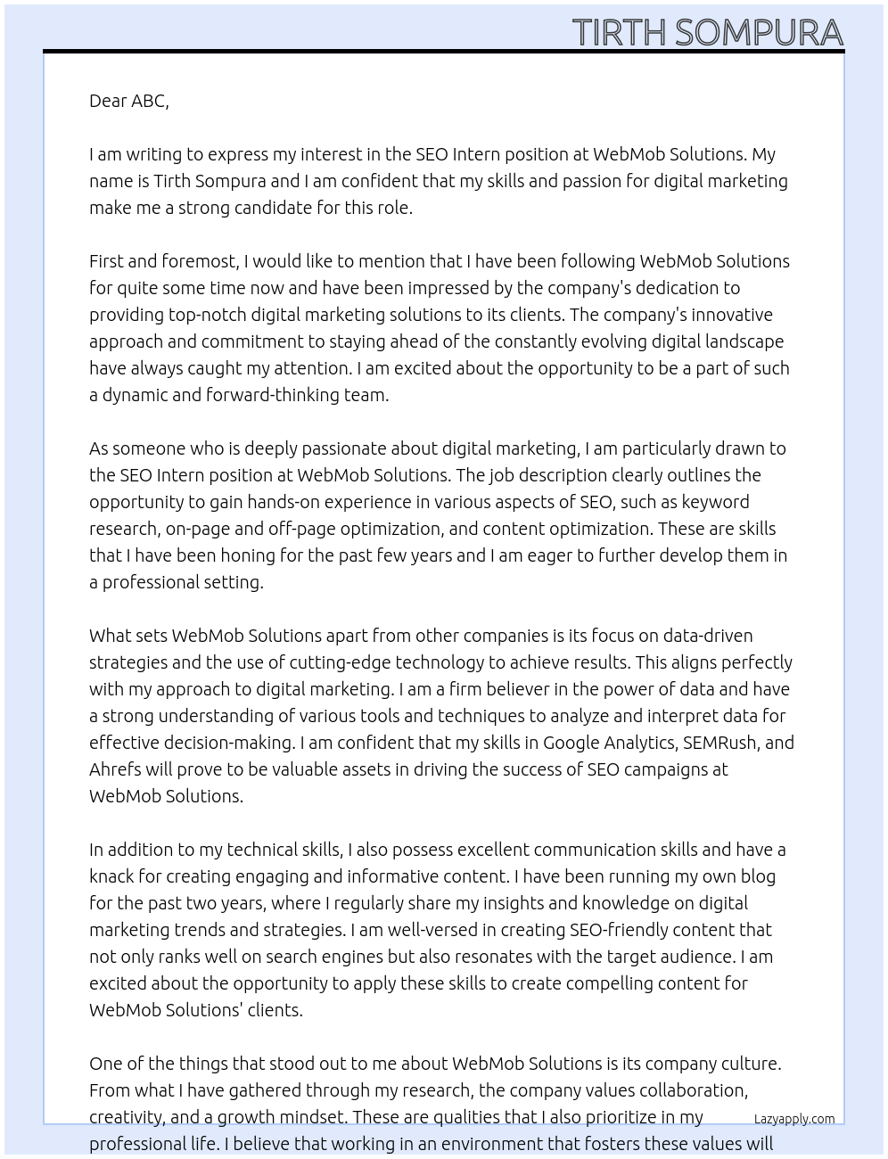 SEO Intern At WebMob Solutions Cover Letter