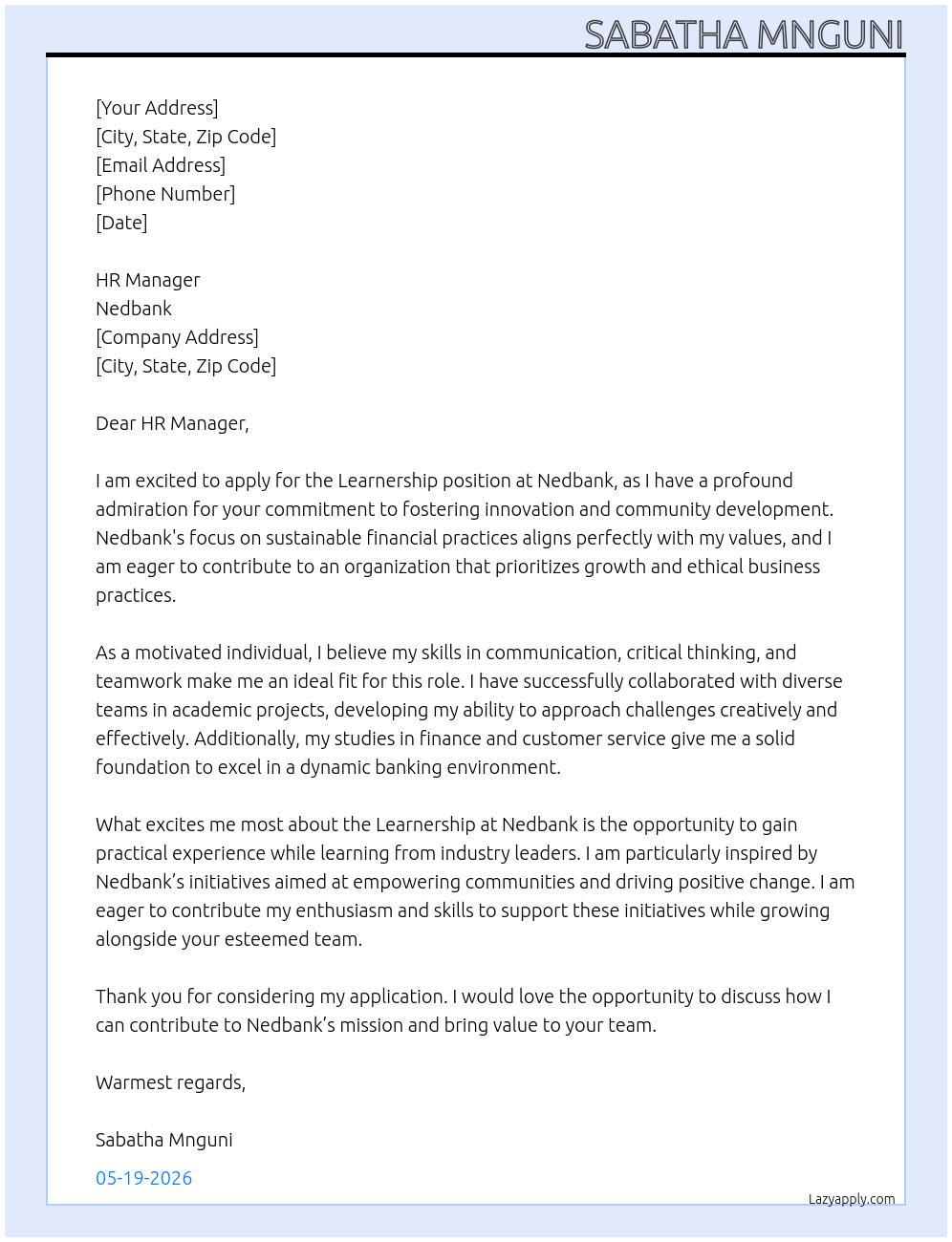 Learnership At Nedbank  Cover Letter