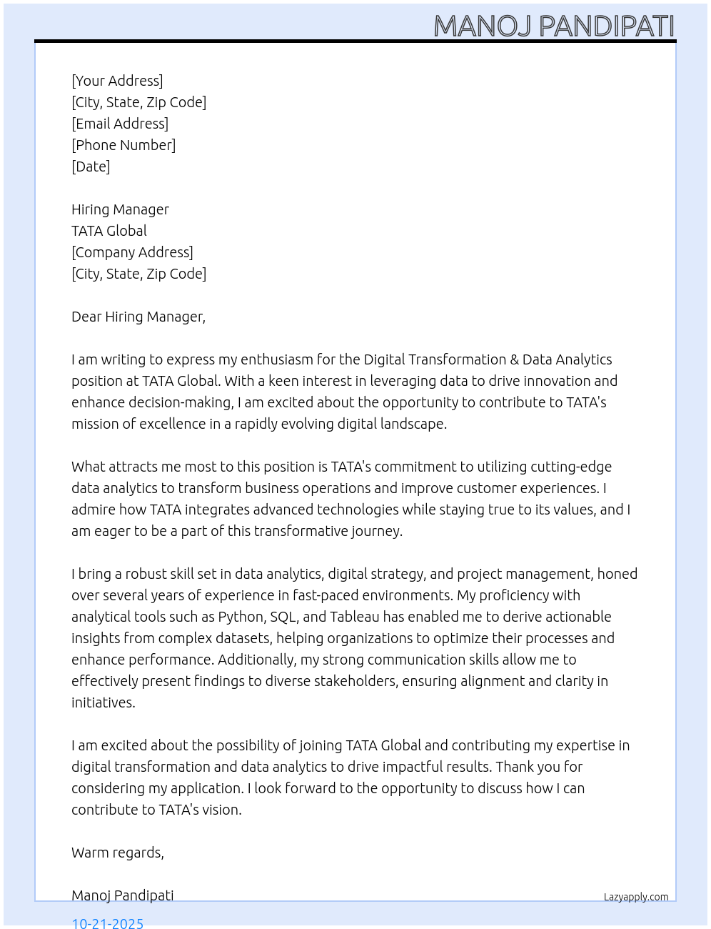 Digital transformation & Data analytics At TATA Cover Letter