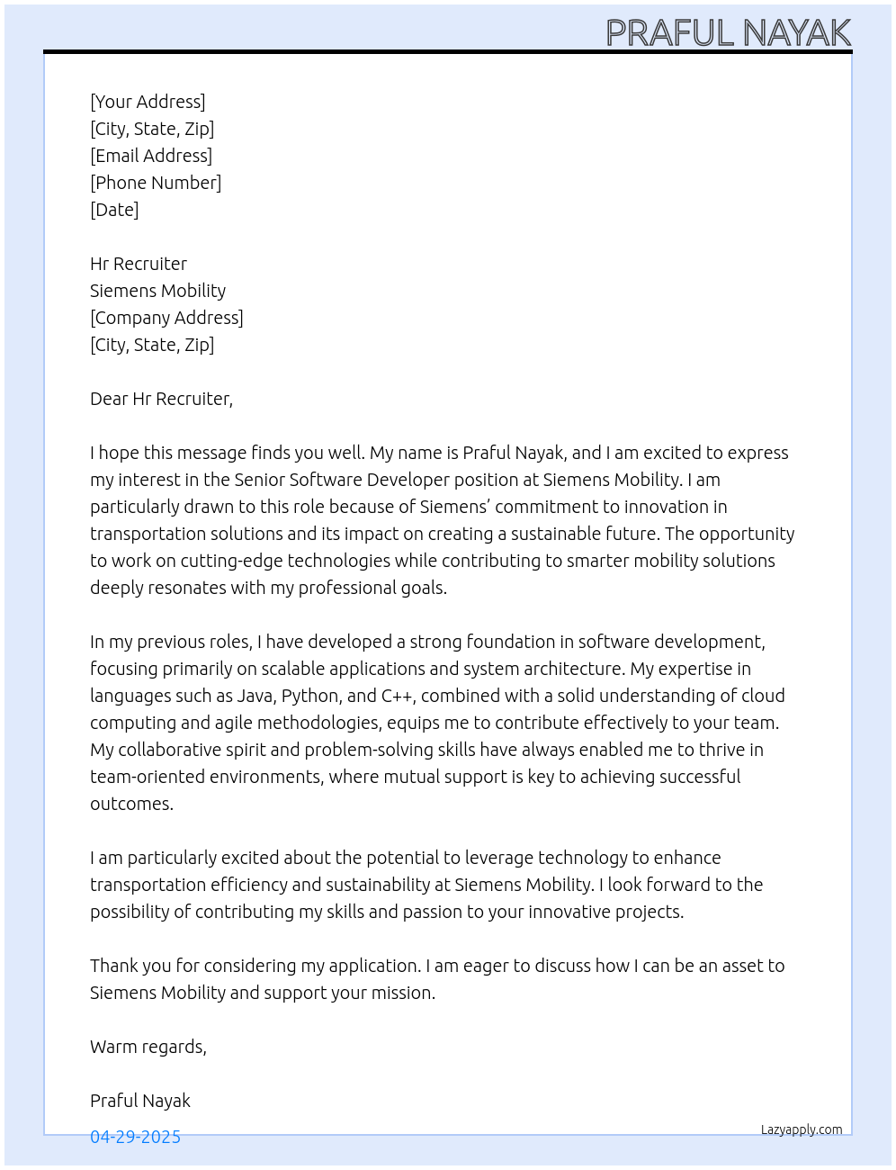 Senior Software Developer At Siemens Mobility Cover Letter
