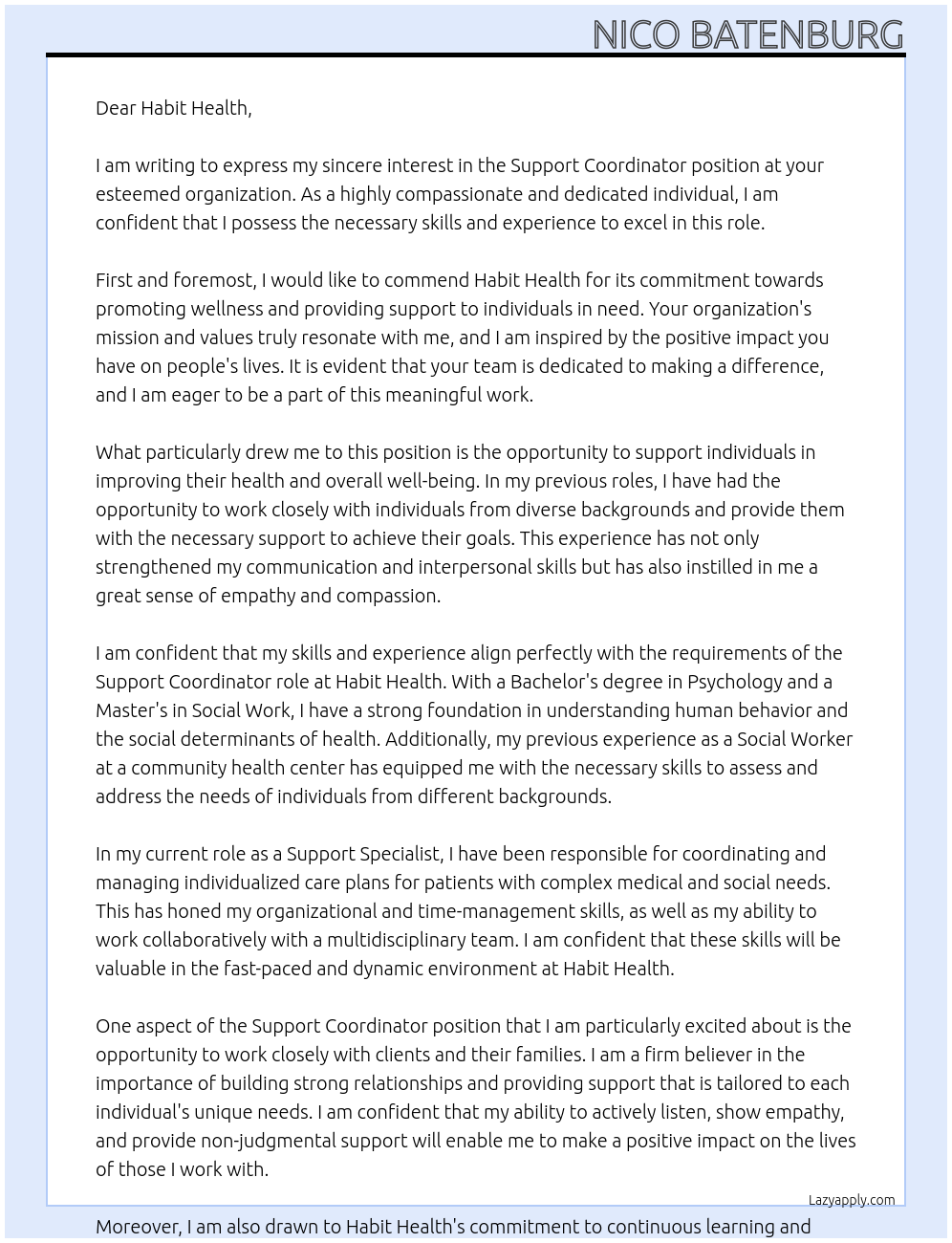Support Coordinator At Habit Health Cover Letter