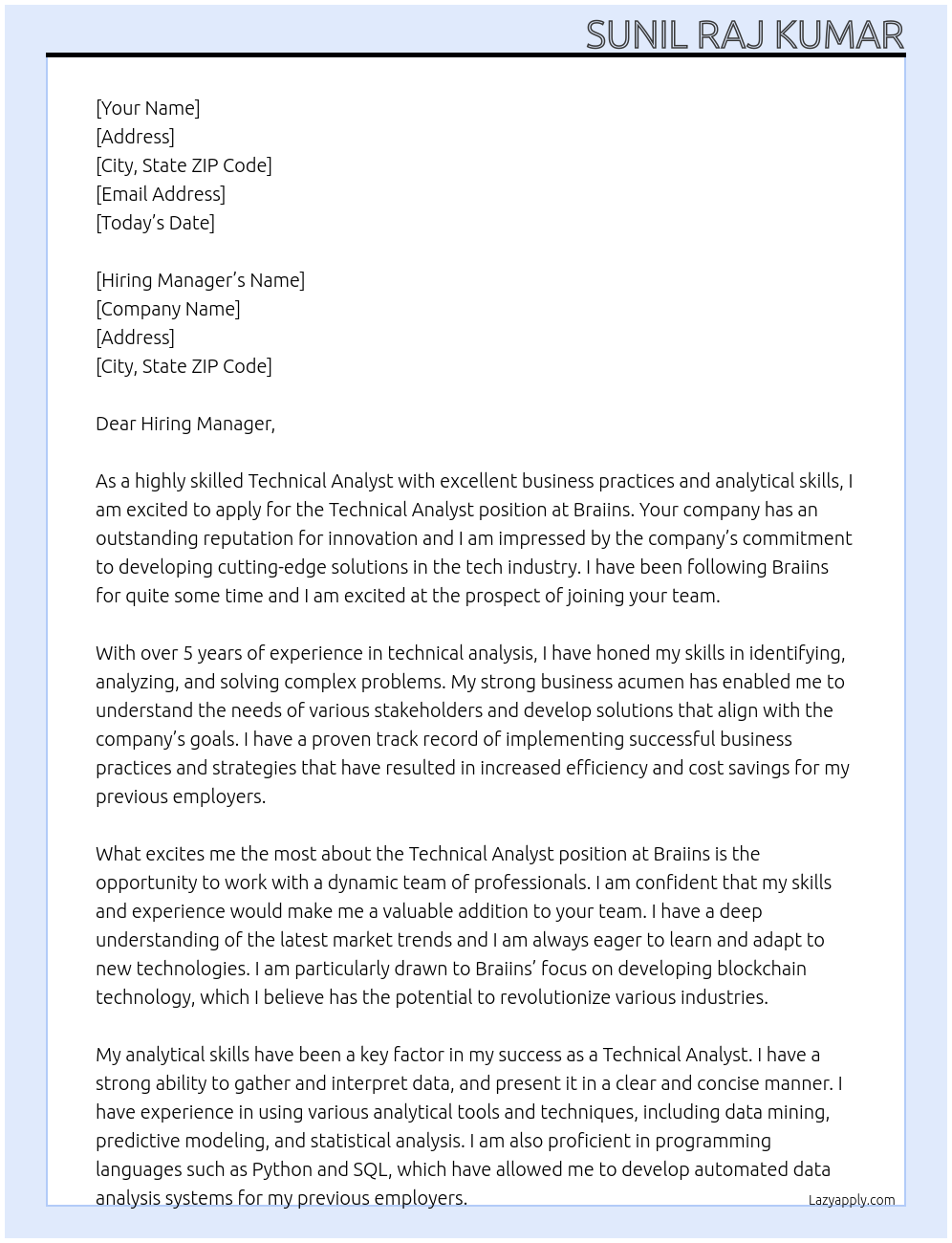 Technical Analyst At Braiins Cover Letter