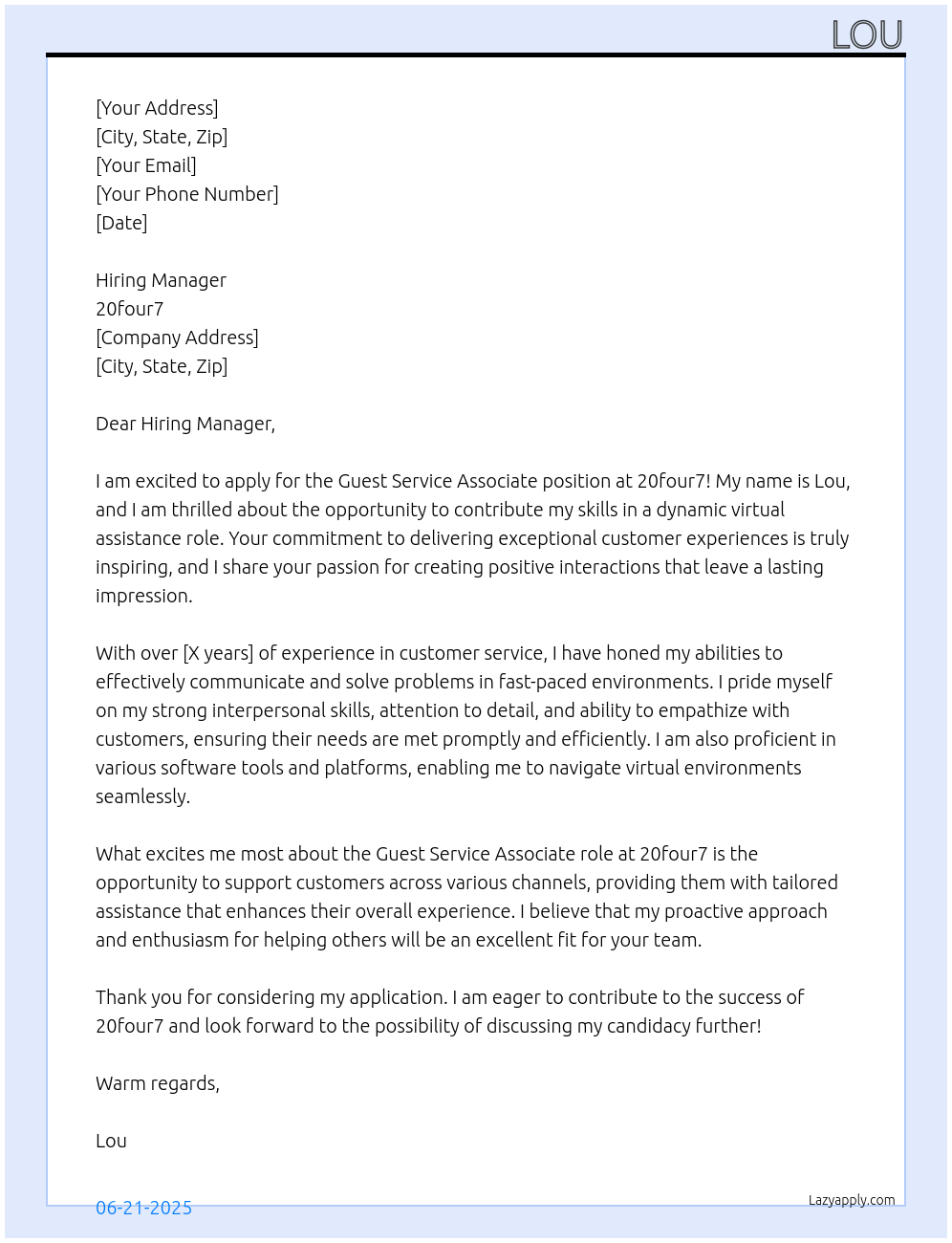 guest service associate At 20four7 Cover Letter