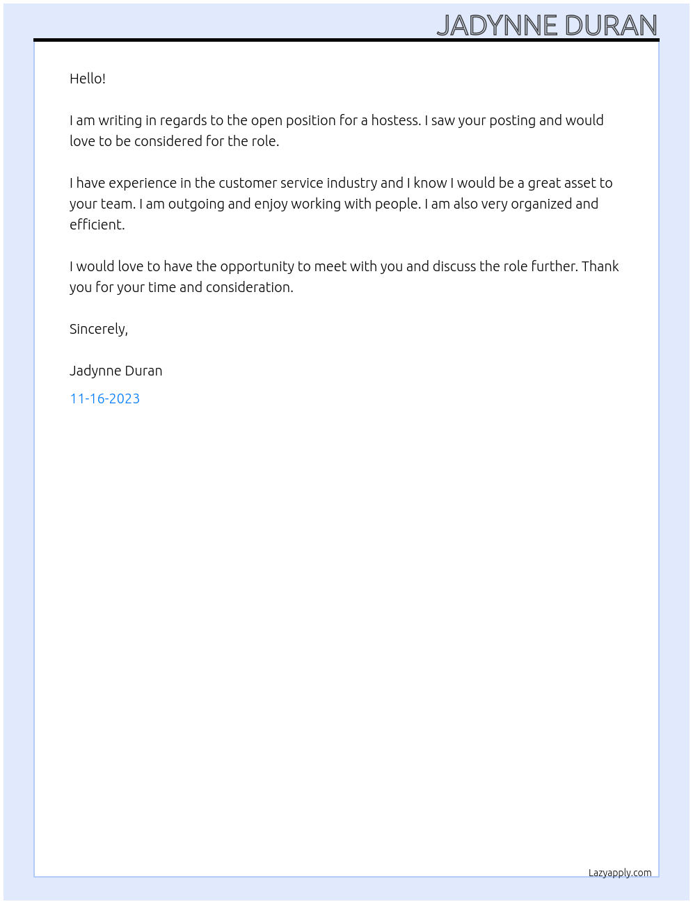 hostess At any company Cover Letter