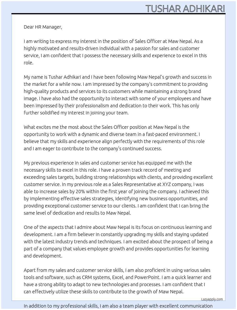 sales officer At maw nepal Cover Letter