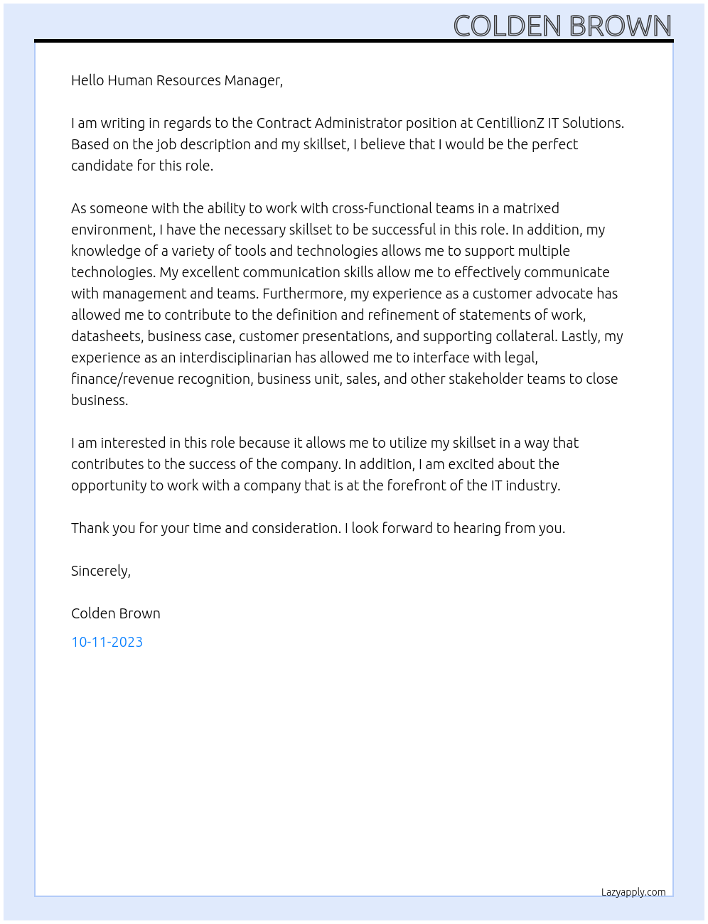 Contract Administrator At CentillionZ IT Solutions Cover Letter