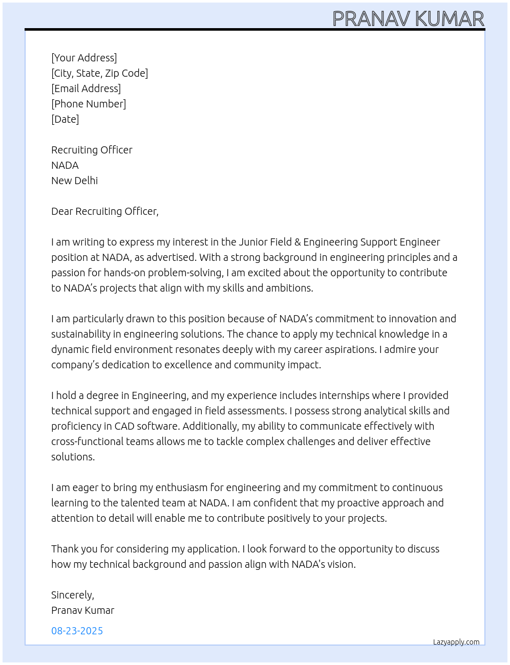 Cover letter for junior field & engineering support engineer - LazyApply