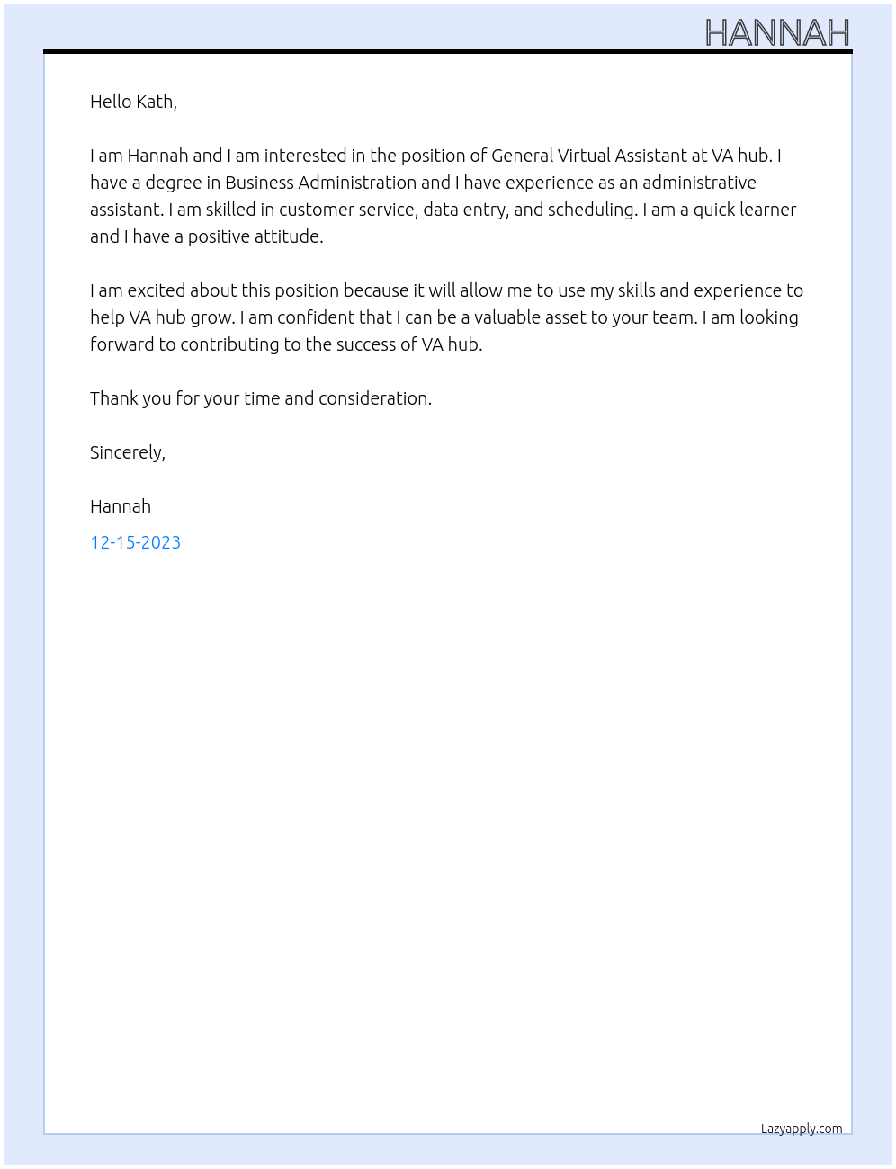 General Virtual Assistant At VA hub Cover Letter