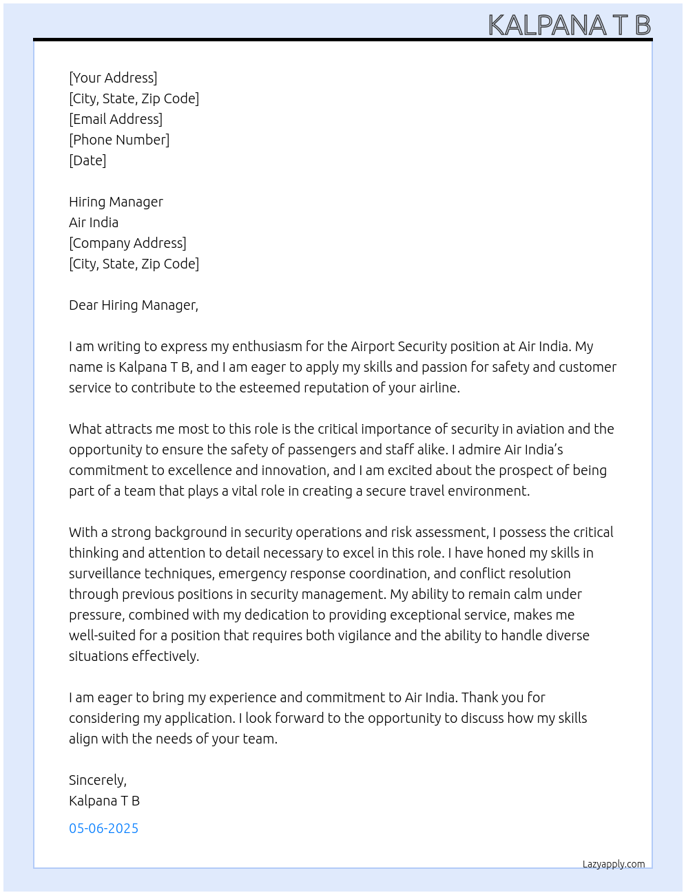 Airport security  At Airindia  Cover Letter