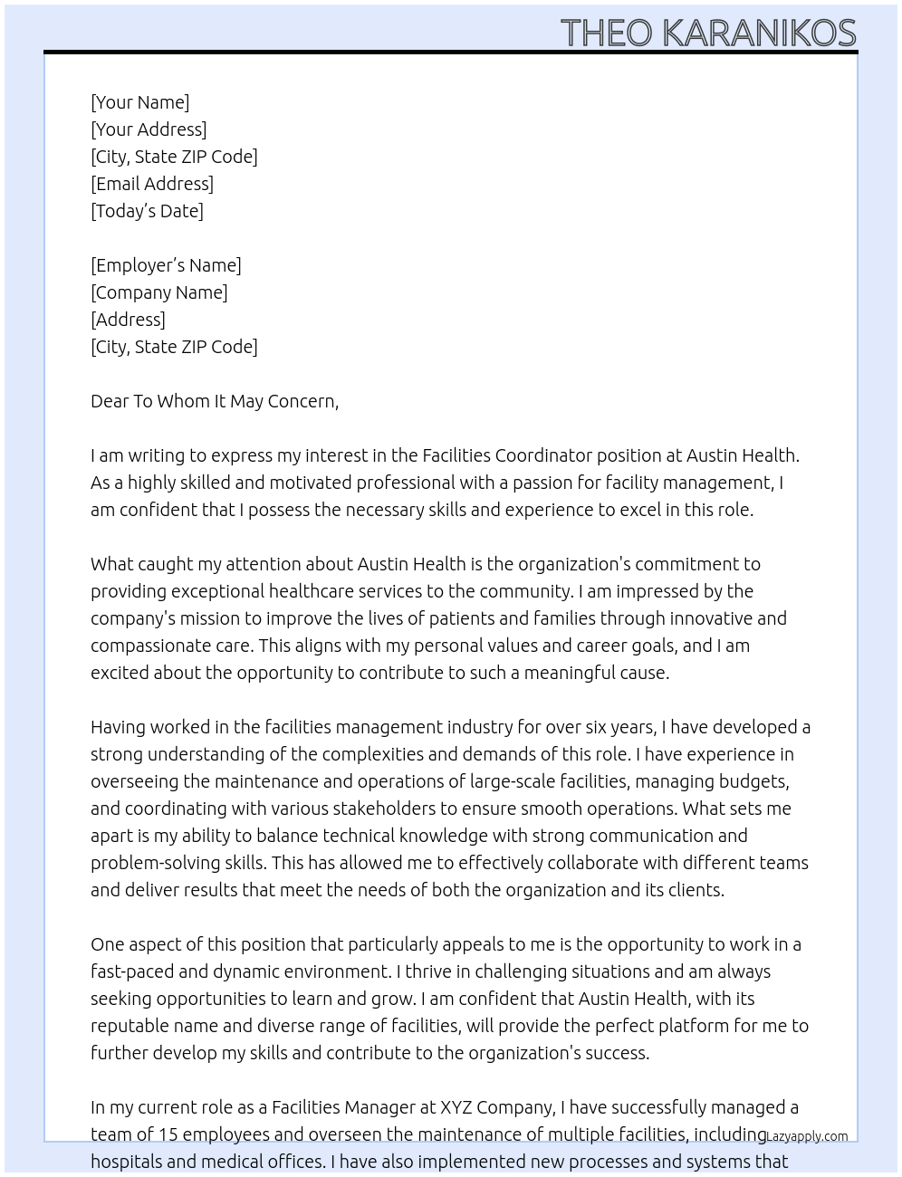 Facilities Coordinator At Austin Health Cover Letter