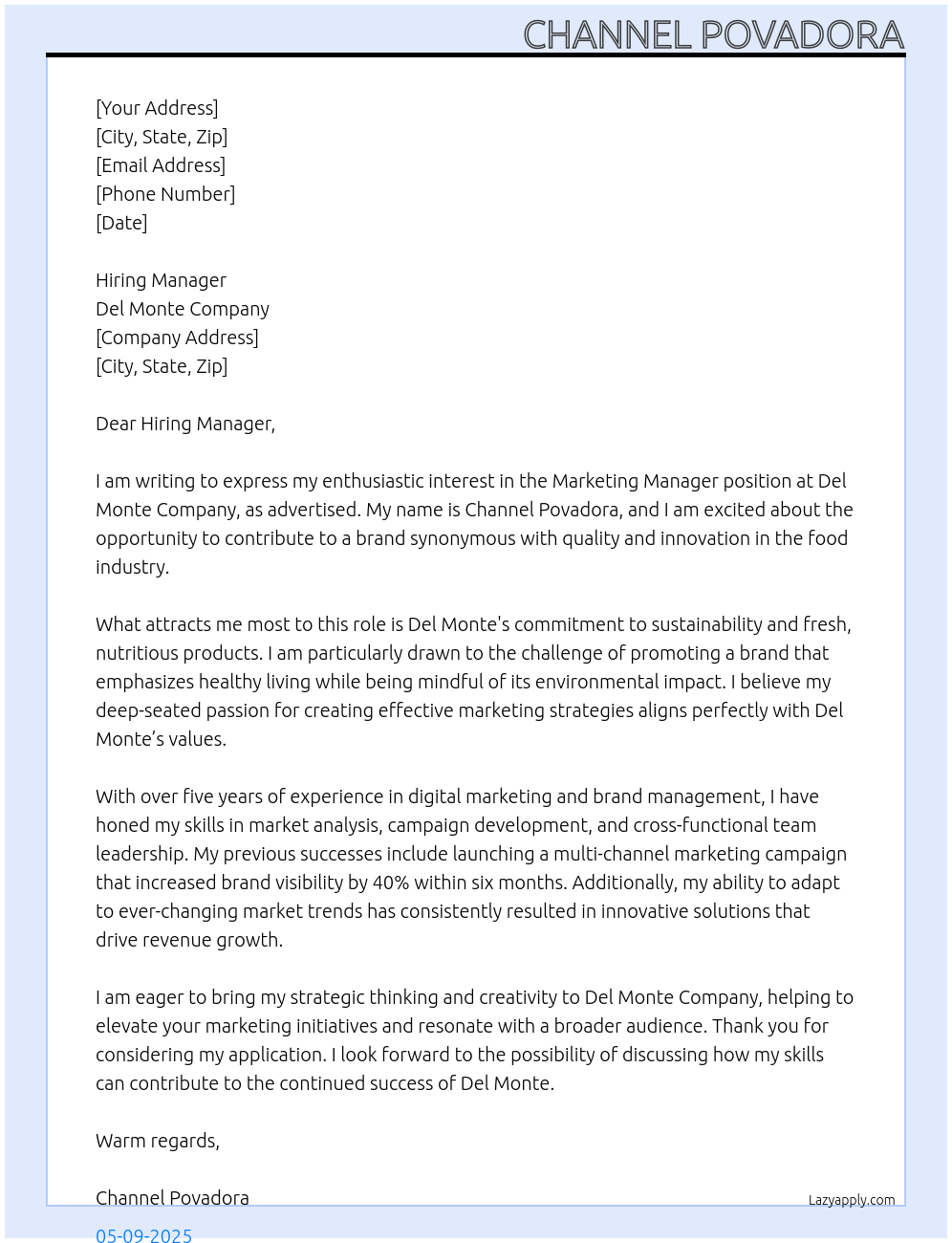 Marketing manager At Del monte Company Cover Letter