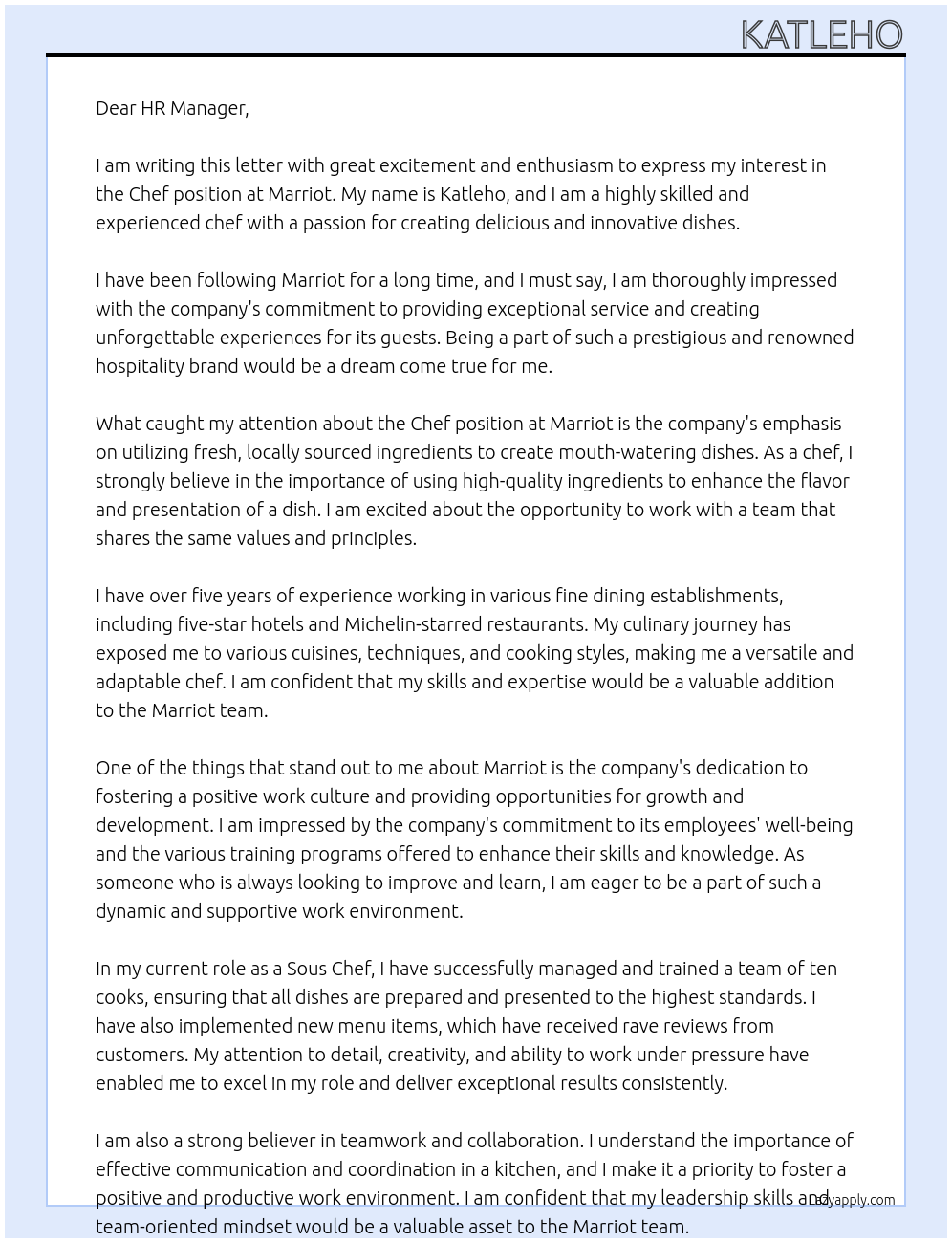 Chef At Marriot Cover Letter