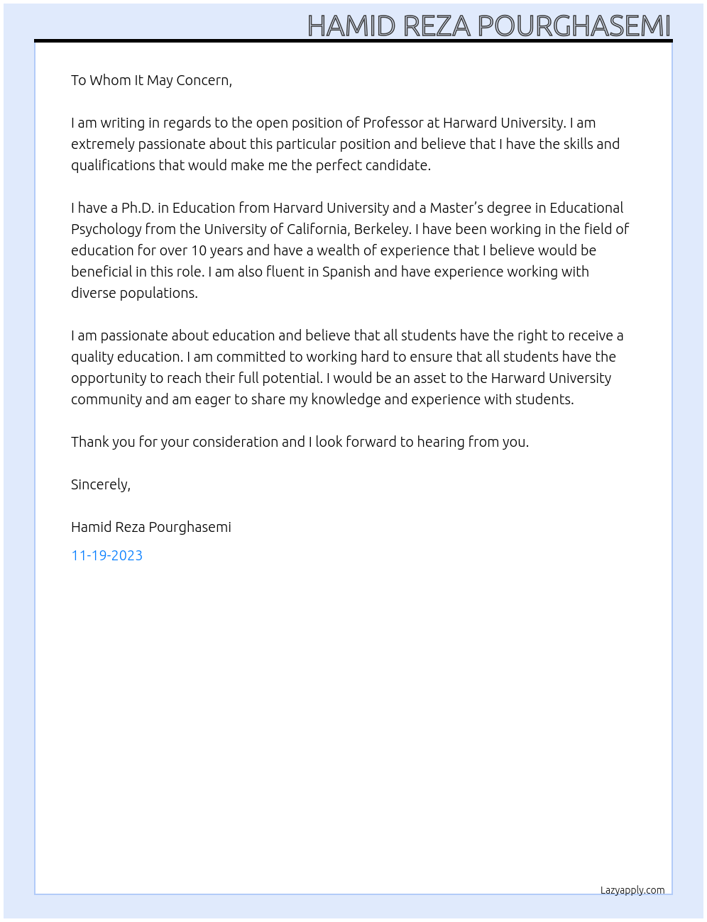 Professor At Harward University Cover Letter