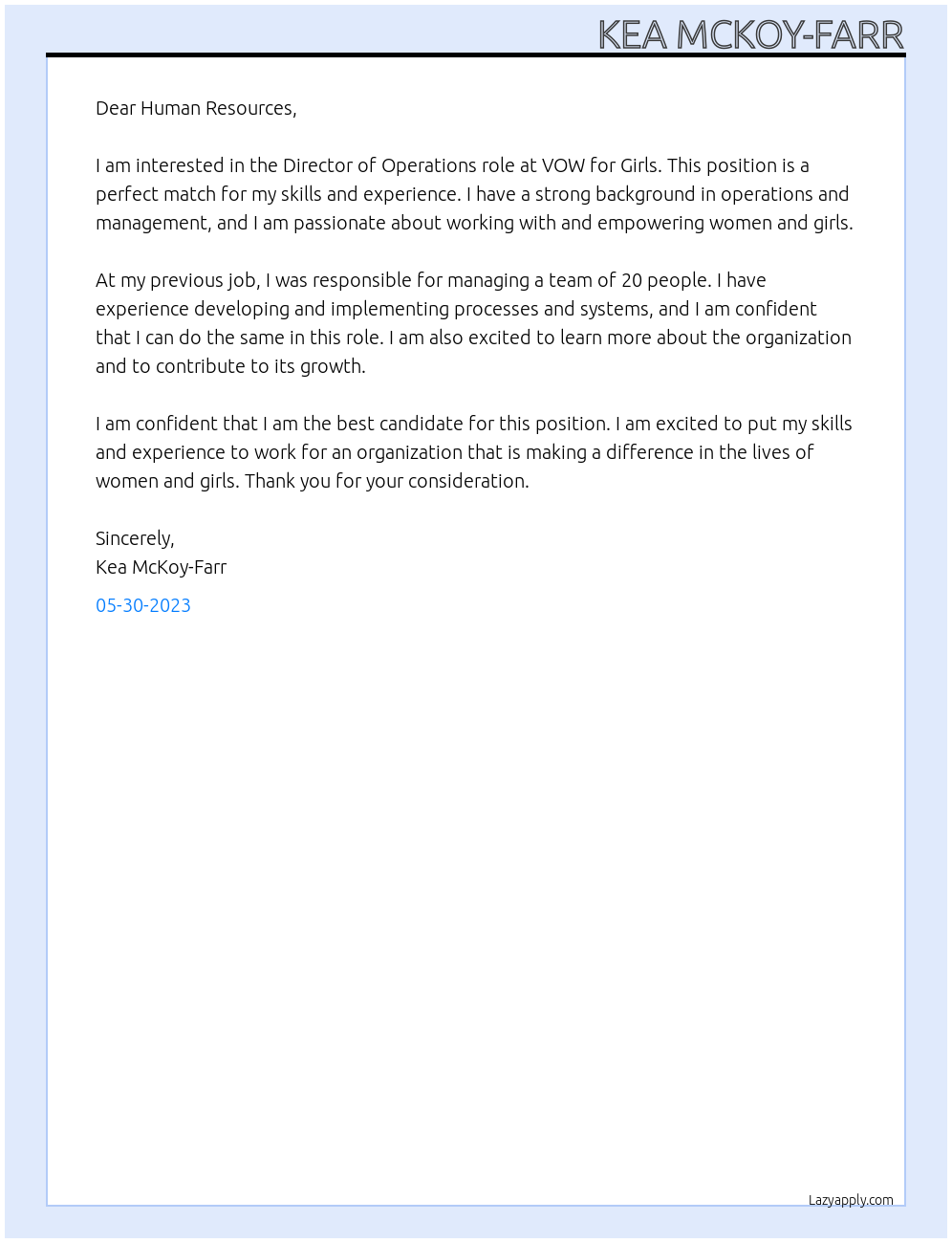 Director of Operations At VOW for Girls Cover Letter