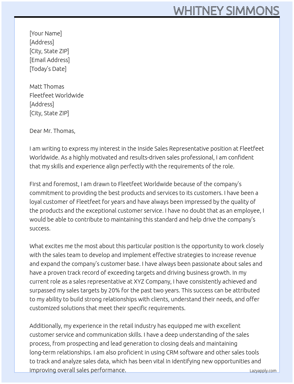 Inside Sales Representative  At Fleetfeet Worldwide Cover Letter