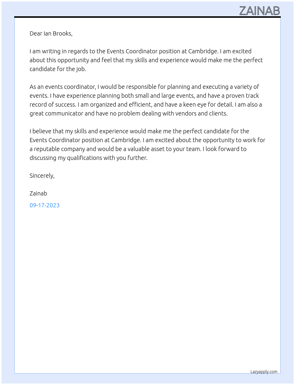 Events Coordinator At Cambridge Cover Letter