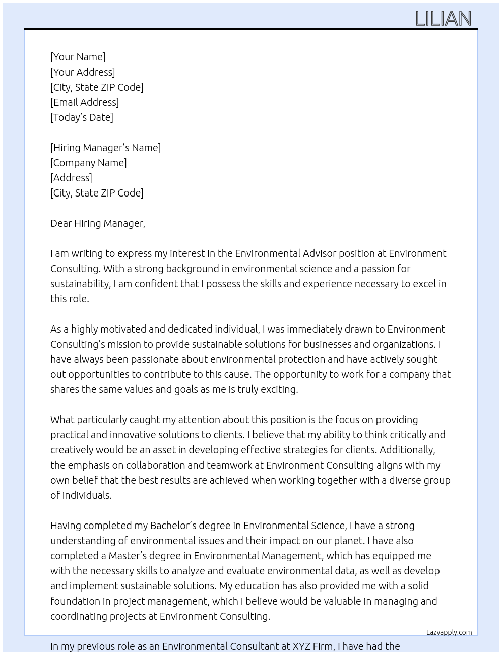 Environmental Advisor At Environment consulting Cover Letter