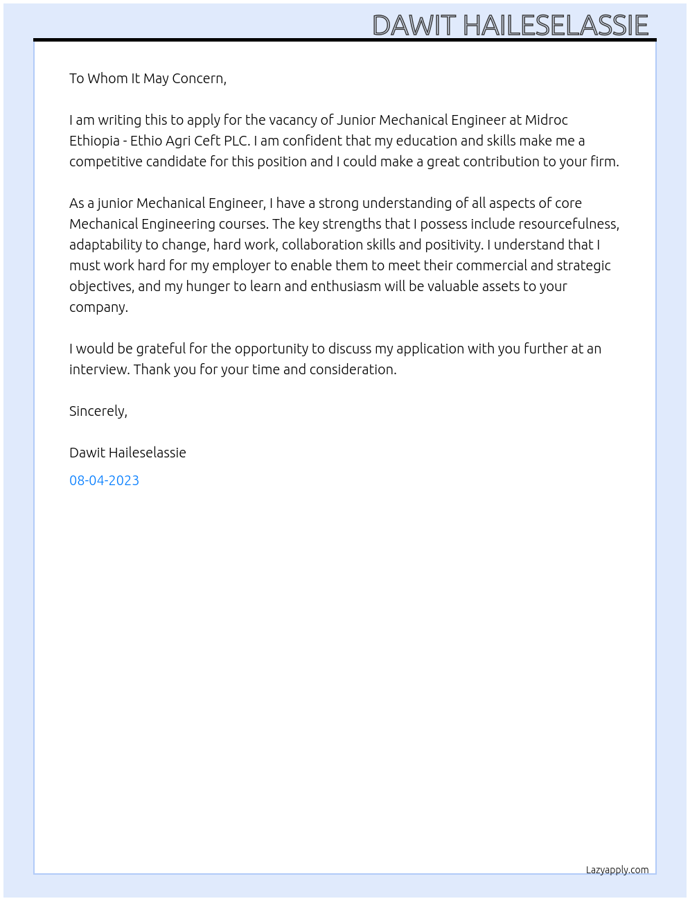 Junior Mechanical Engineer At Midroc Ethiopia -- Ethio Agri Ceft PLC Cover Letter