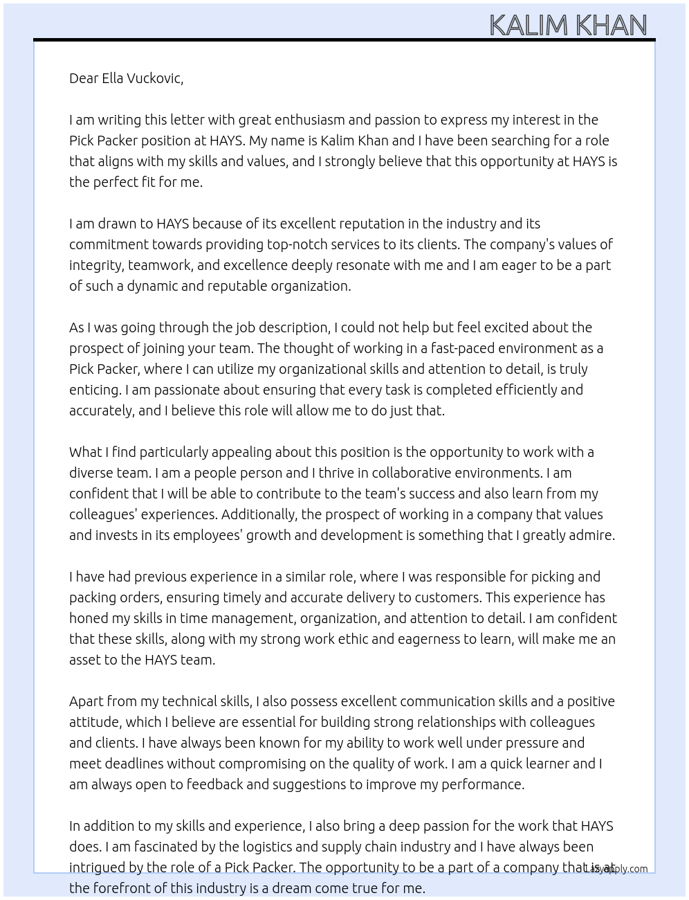 Pick Packer At HAYS Cover Letter