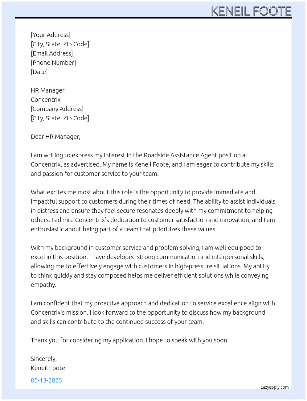 Roadside assistance agent At Concentrix Cover Letter