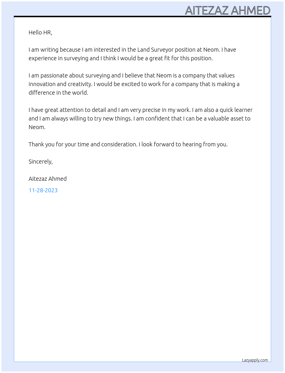 Land Surveyor At Neom Cover Letter