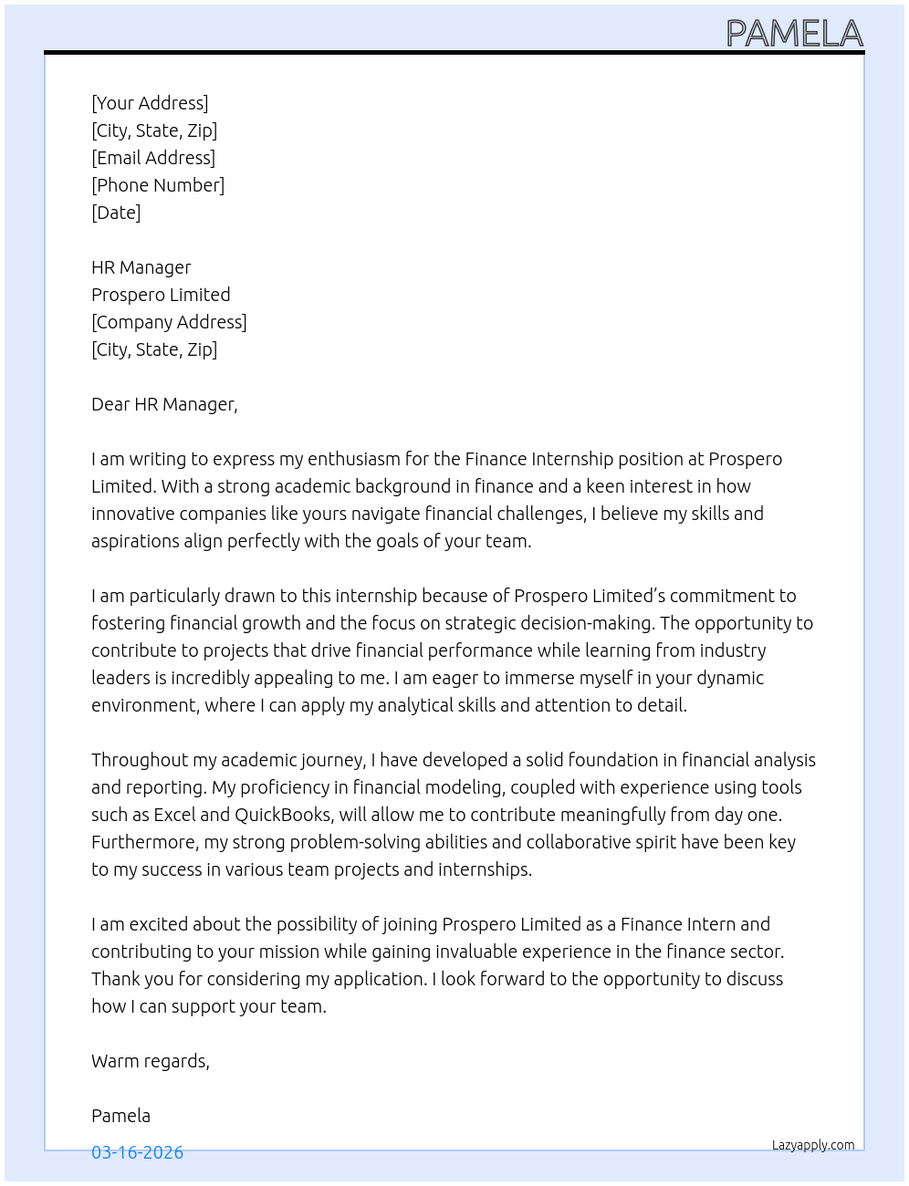 finance internship At prospero limited Cover Letter
