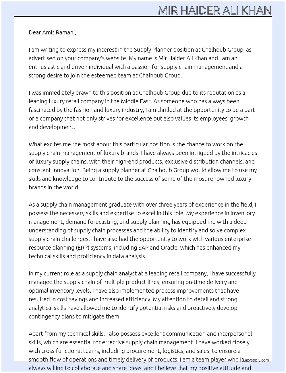 Supply Planner At Chalhoub Group Cover Letter