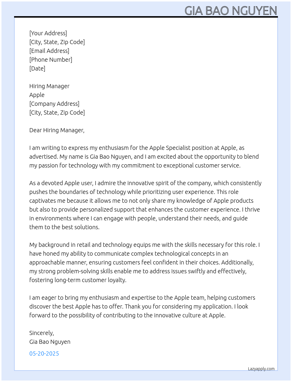 Apple specialist At Apple Cover Letter