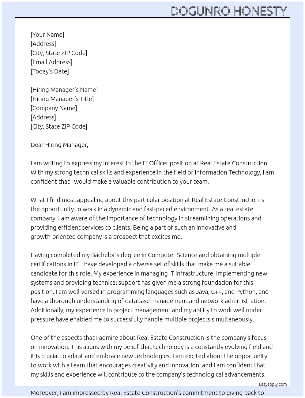 IT officer At real estate construction Cover Letter