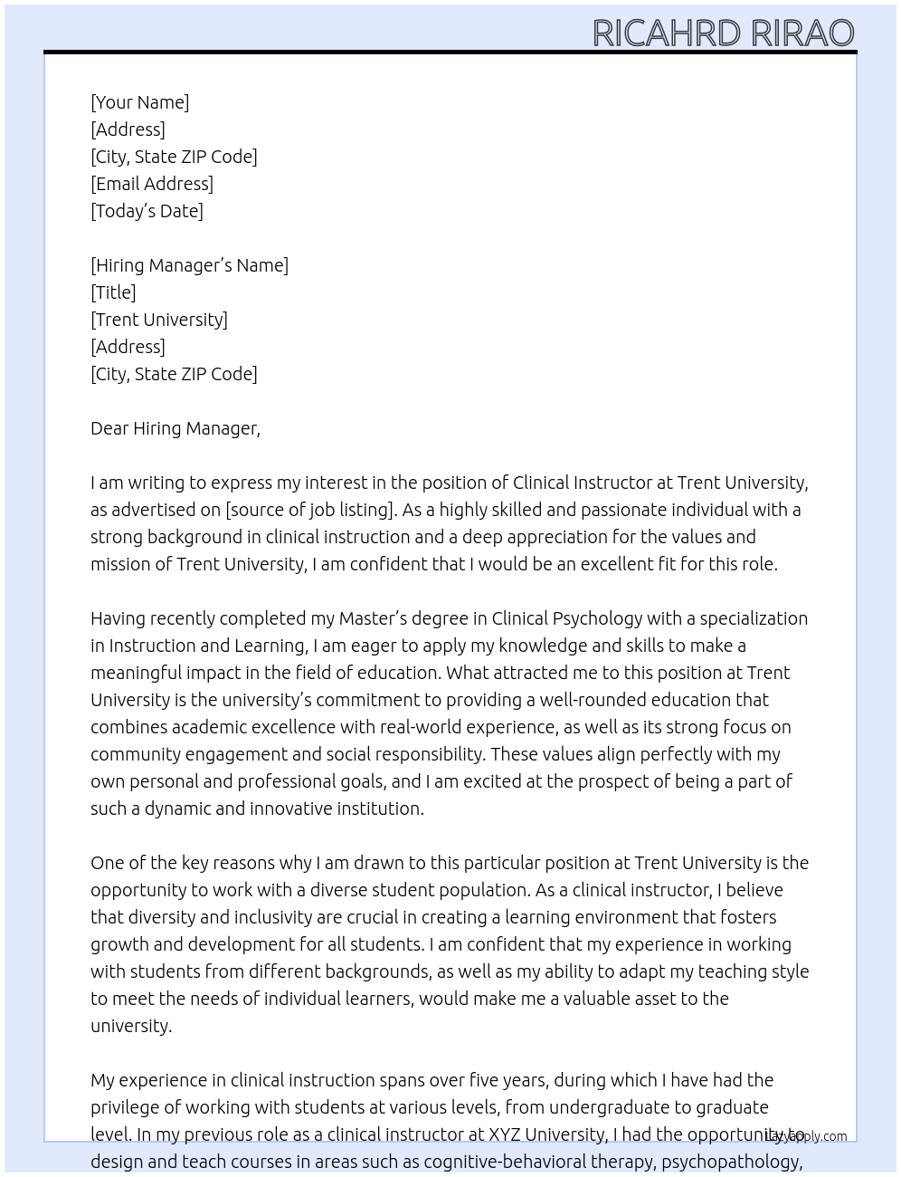 Clinical Instructor At Trent University Cover Letter