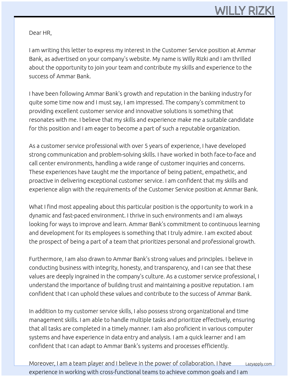 Costumer Service At Ammar Bank Cover Letter