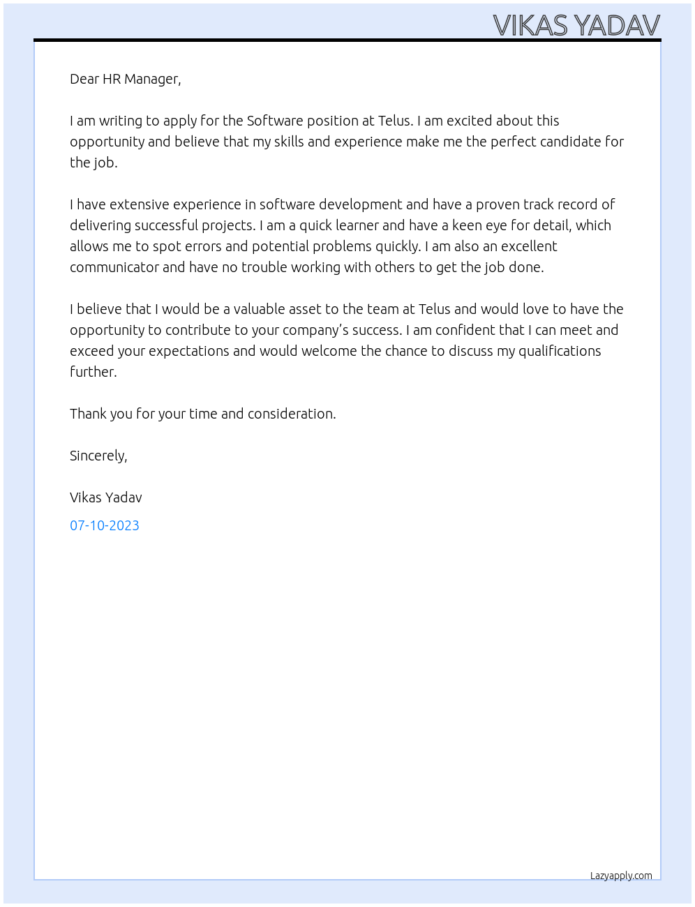 Software At Telus Cover Letter