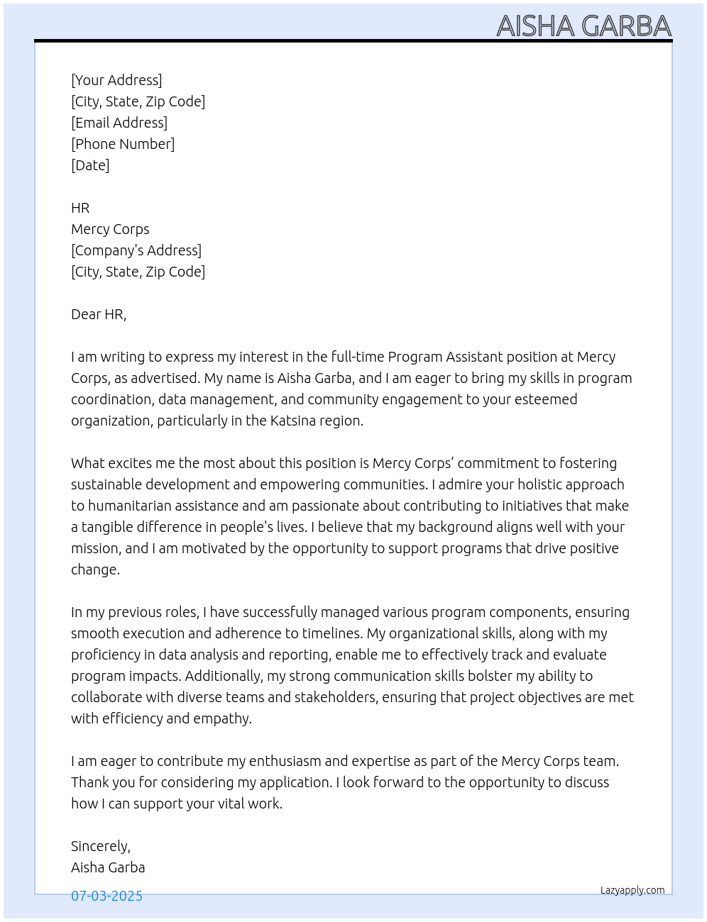 PROGRAM ASSISTANT  At MERCY CORP Cover Letter