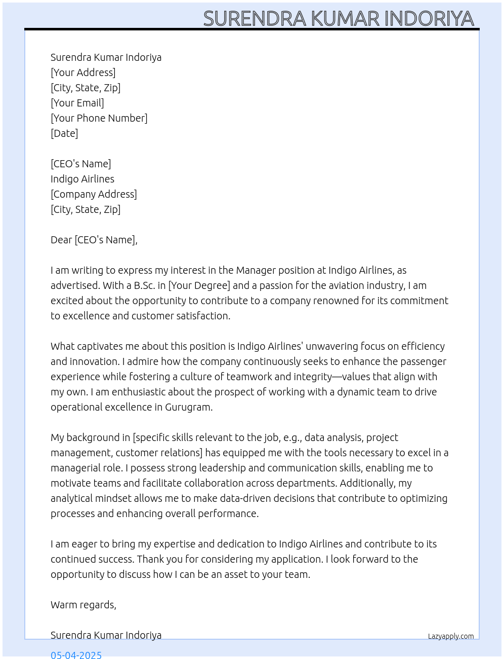 Manager At Indigo Airlines  Cover Letter