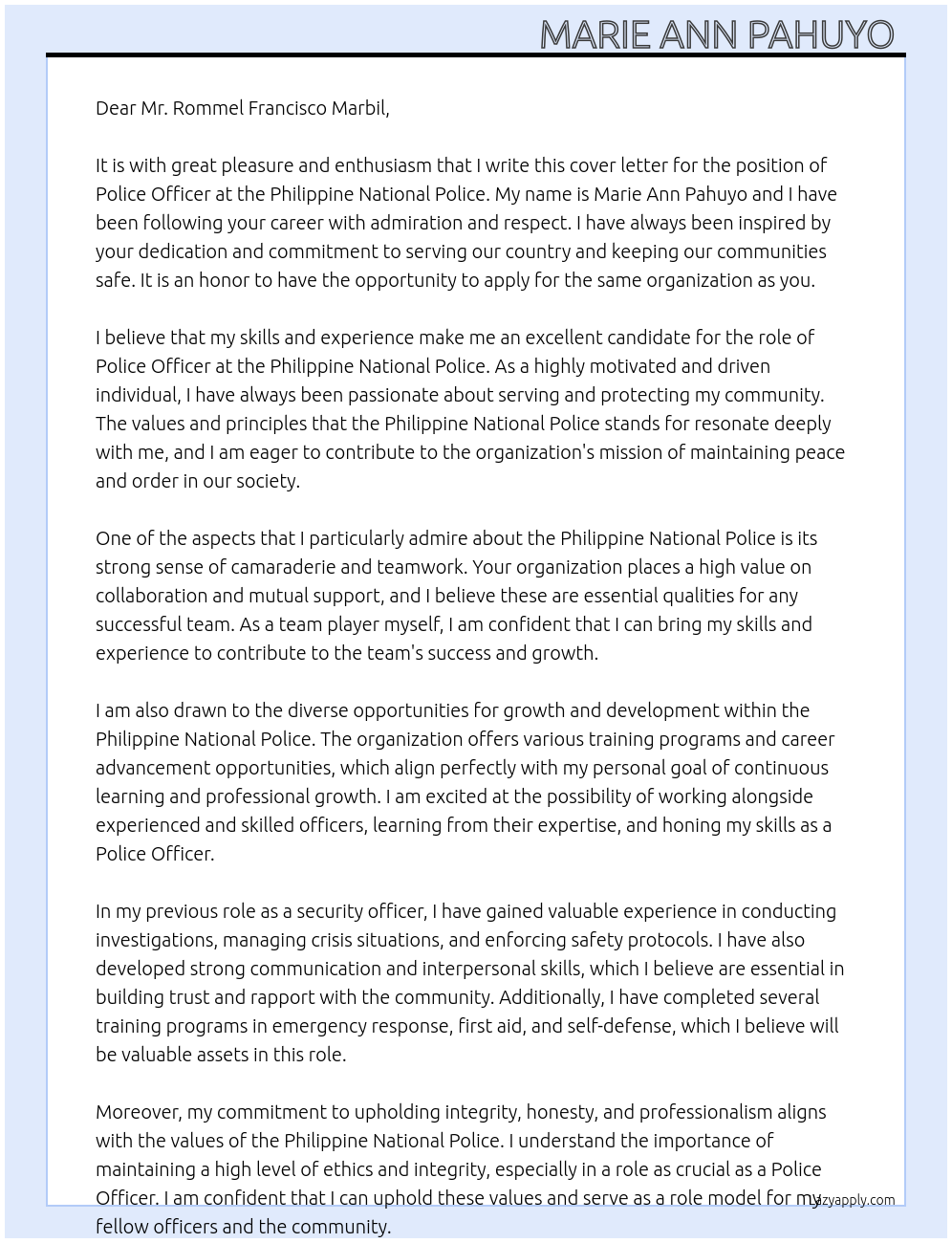 Police officer At Philippine National Police Cover Letter