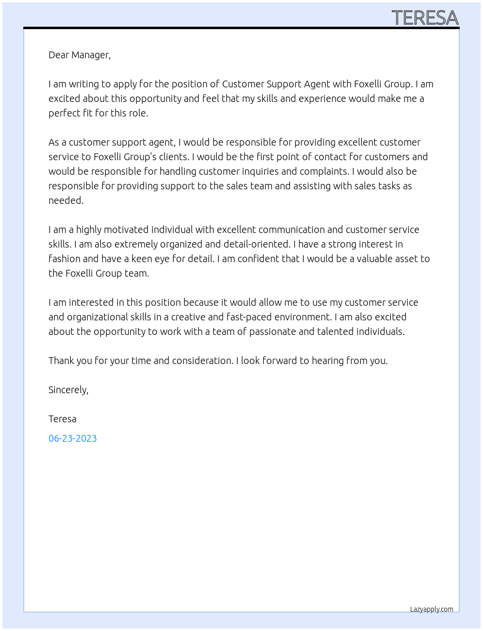 Customer Support Agent At Foxelli Group Cover Letter