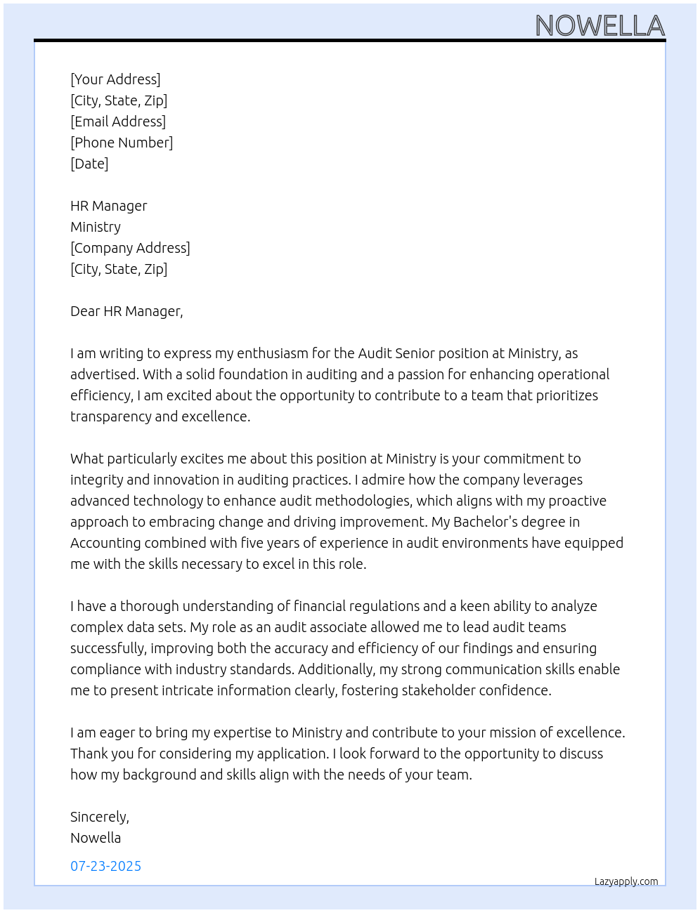 audit senior At Ministry Cover Letter