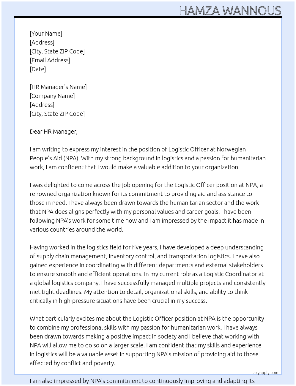Logistic Officer At Norwegian People's Aid (NPA) Cover Letter