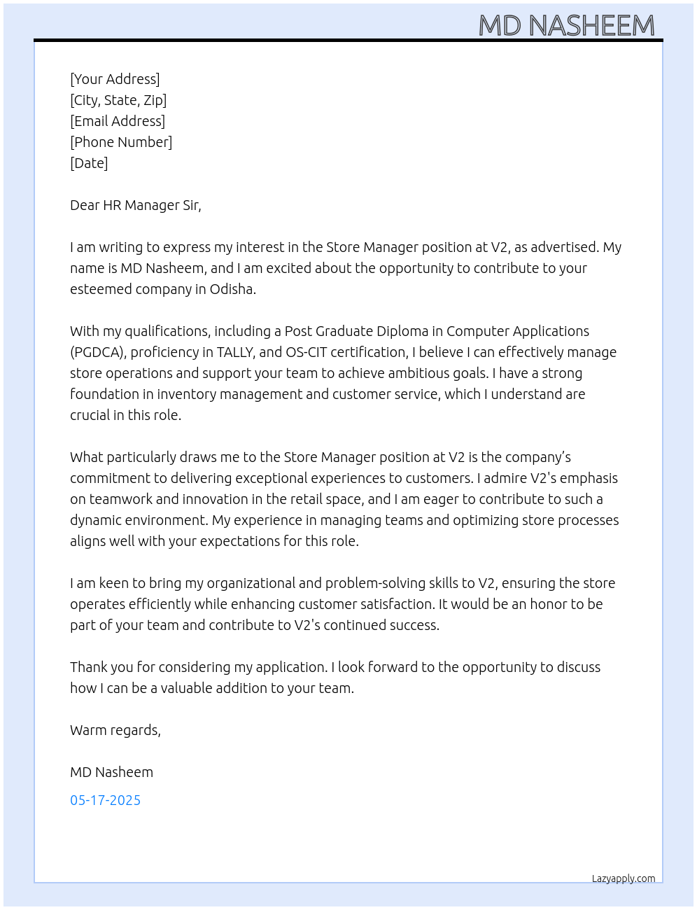 STORE MANAGER At V2 Cover Letter