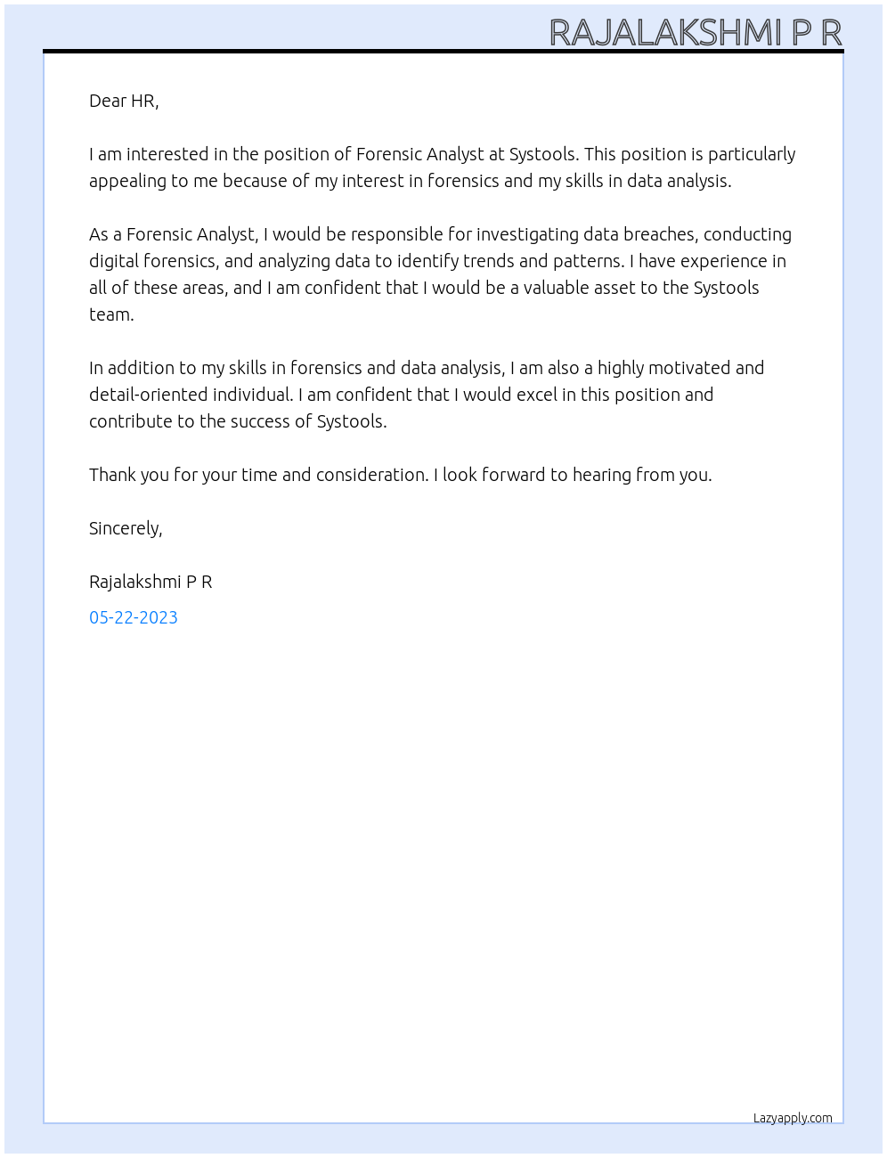 Forensic Analyst  At Systools Cover Letter