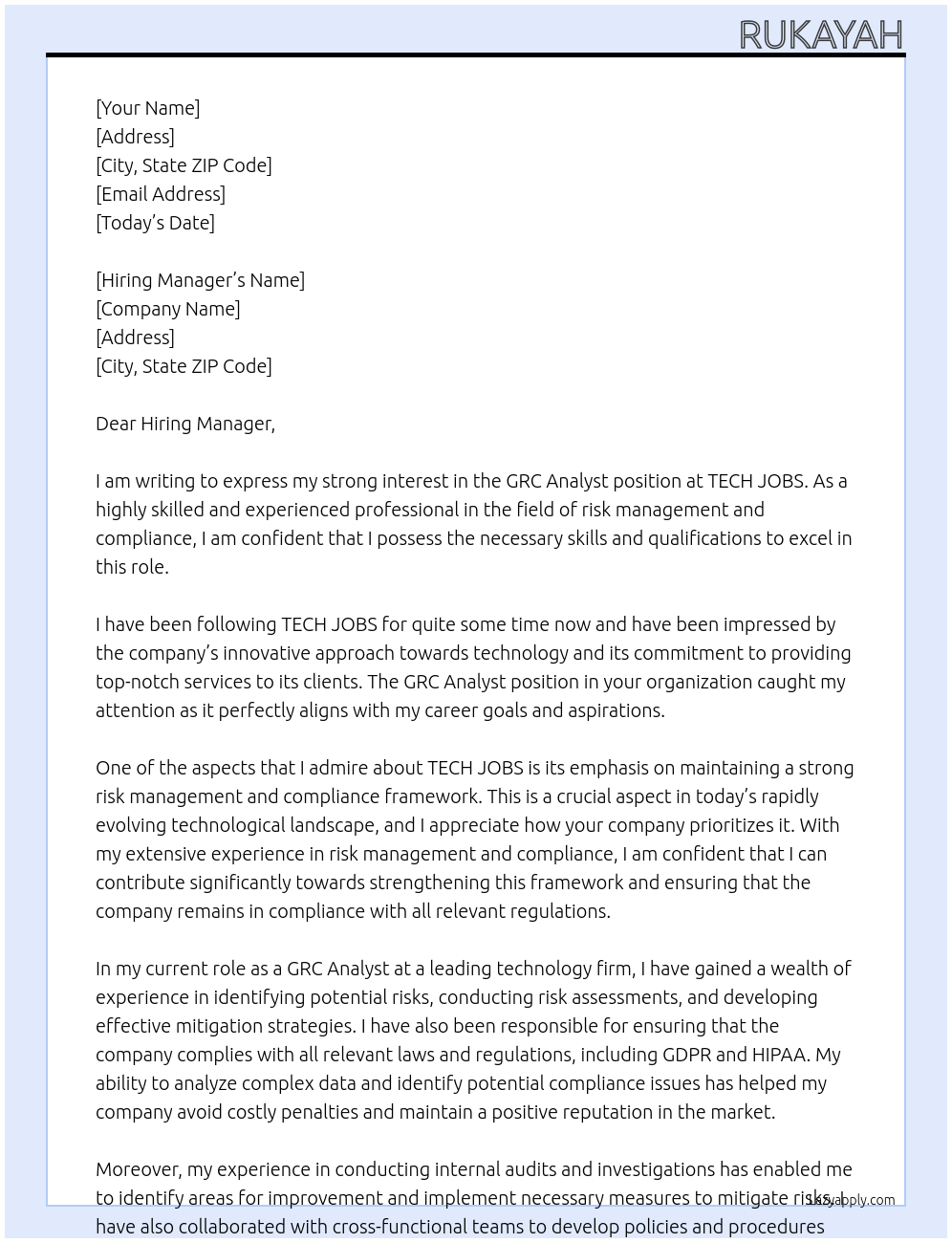 grc analyst At TECH JOBS Cover Letter