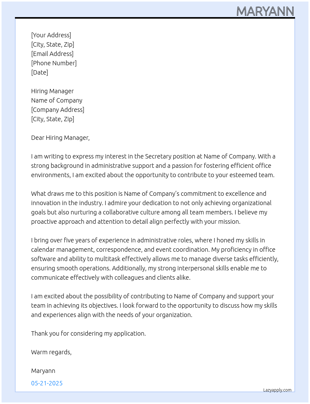 Secretary At Name of company Cover Letter