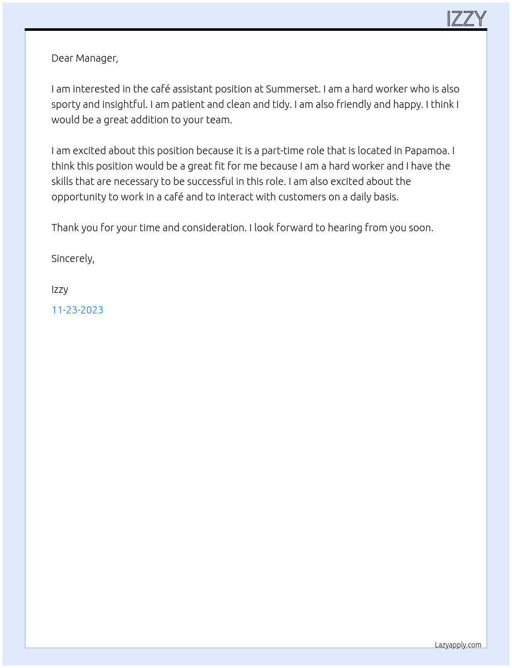 Café assistant  At Summerset Cover Letter