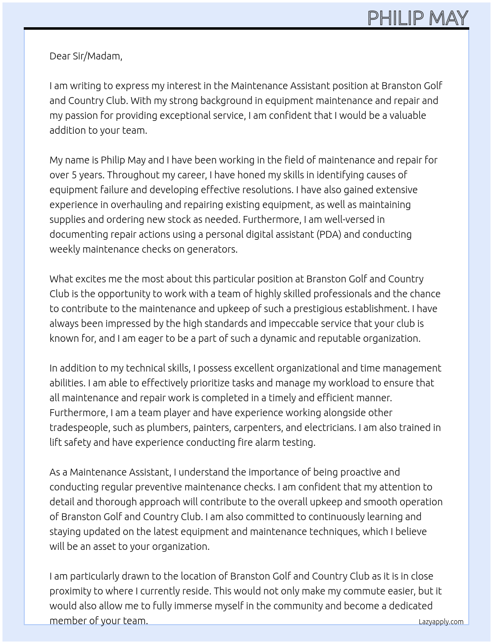 Maintenance Assistant At Branston Golf and Country Club Cover Letter