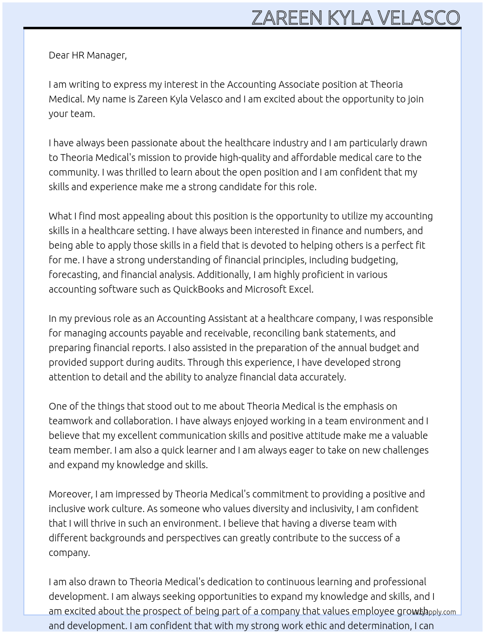 Accounting Associate  At Theoria Medical  Cover Letter