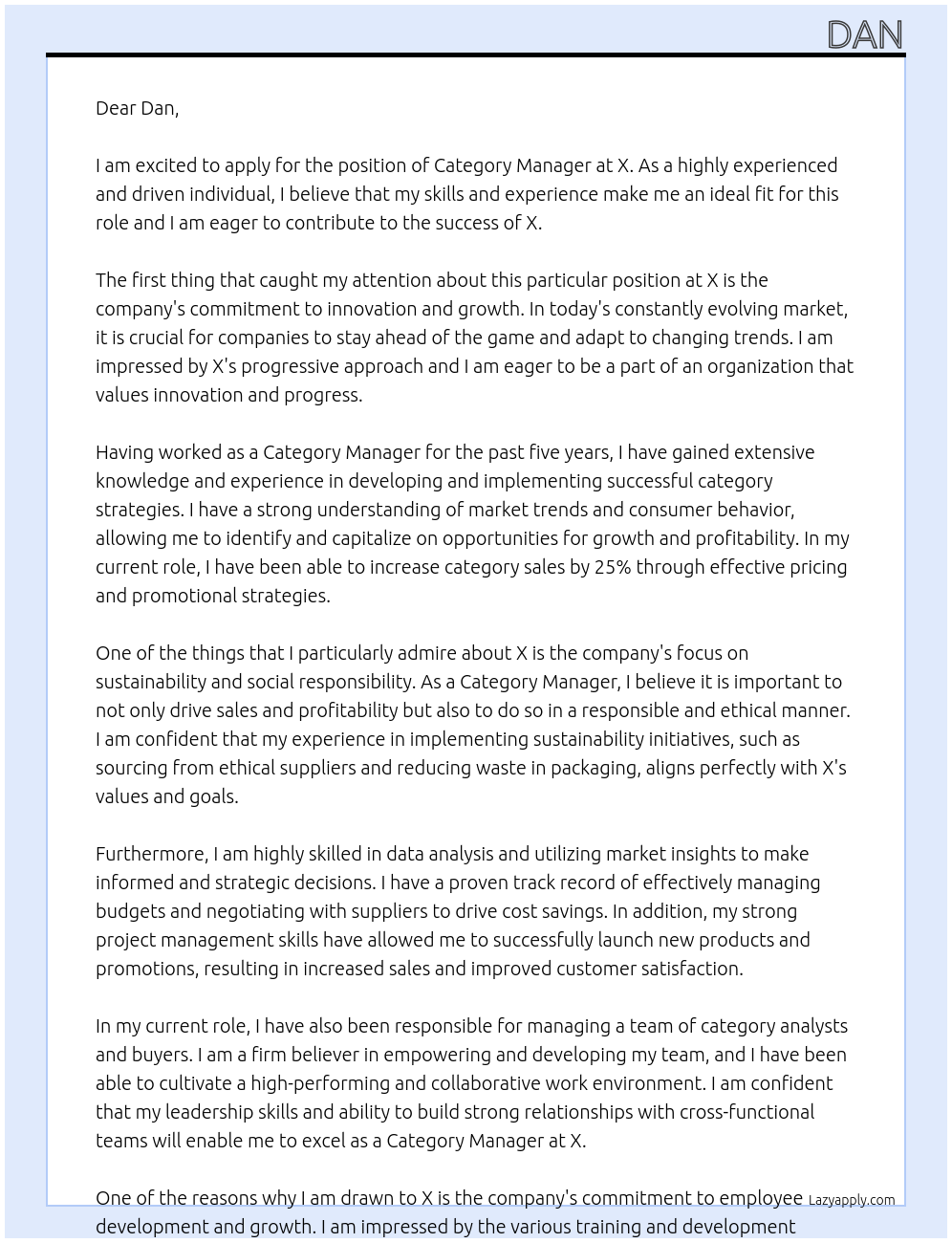 category manager At X Cover Letter