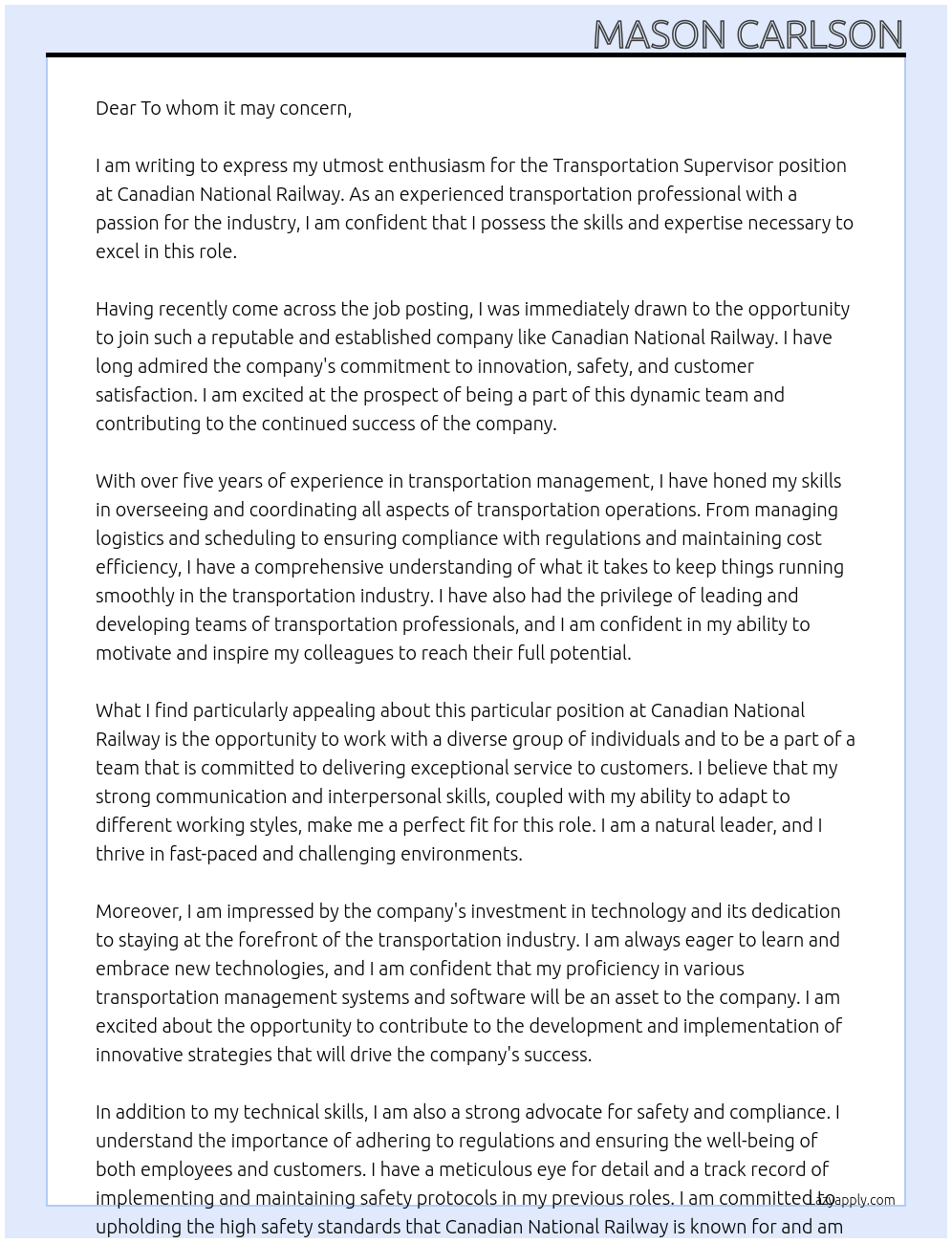 Transportation Supervisor At Canadian National Railway Cover Letter